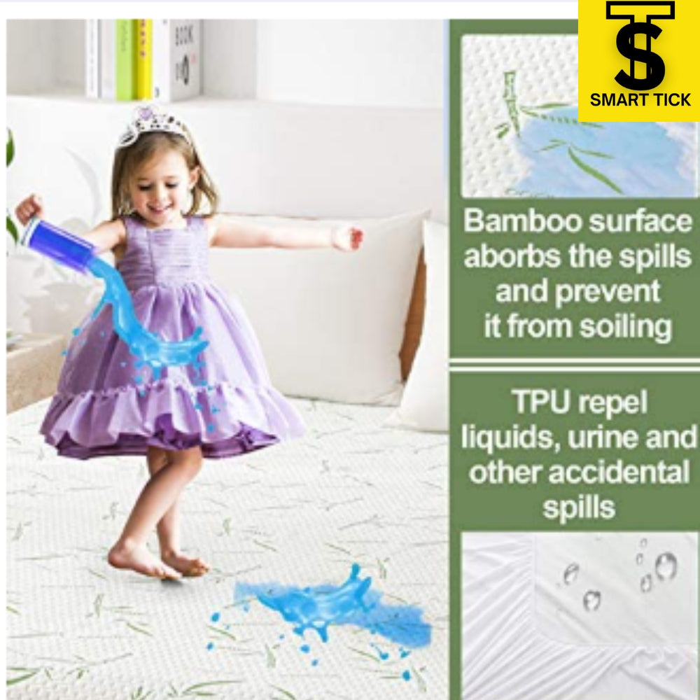 Cooling Bamboo Waterproof Mattress Protector King Size, Breathable Mattress Cover, Fitted Deep Pocket Mattress Pad Cover Stretches up to 21 Inches, Noiseless Soft Bed Cover, 100% Waterproof Washable