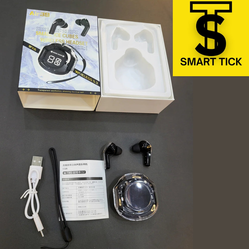 Air39 Wireless Earbuds Air39 Airpods Air39 Earbuds Crystal Clear Sound, Bluetooth 5.3, Transparent Case, Heavy Bass Stereo, Noise Reduction, Sports Headset with Microphone, Waterproof, LED Display airpods