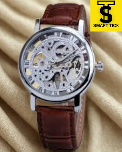 Premium Silver Shinning Skeleton Leather Strap Watch