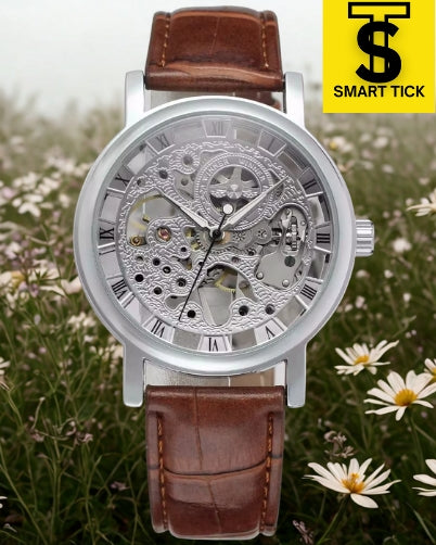 Premium Silver Shinning Skeleton Leather Strap Watch