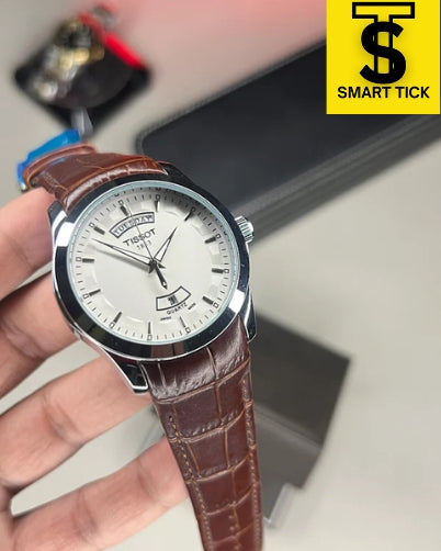 TISSOT Classic (White) with Day and Date along a leather strap