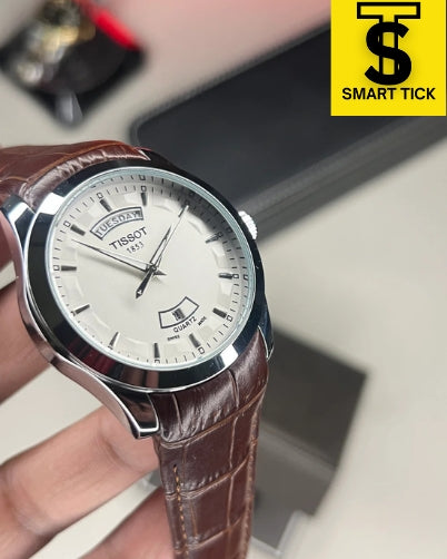 TISSOT Classic (White) with Day and Date along a leather strap