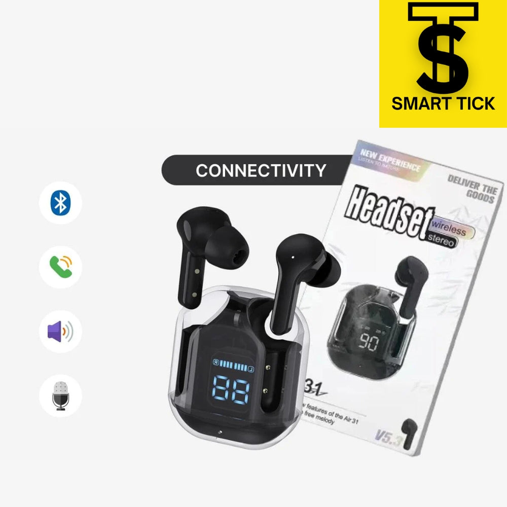 Air31 Wireless Earbuds Bluetooth 5.3, Wireless Earphones Transparent with Deep Bass Hi-Fi Stereo Sound, Bluetooth Headphone with Built-in Mic
