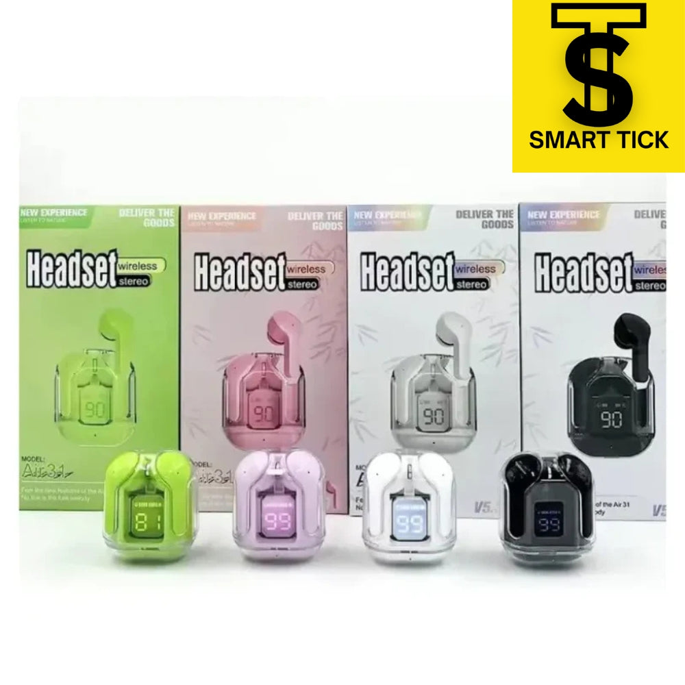 Air31 Wireless Earbuds Bluetooth 5.3, Wireless Earphones Transparent with Deep Bass Hi-Fi Stereo Sound, Bluetooth Headphone with Built-in Mic