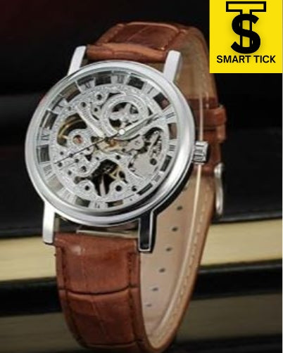Premium Silver Shinning Skeleton Leather Strap Watch