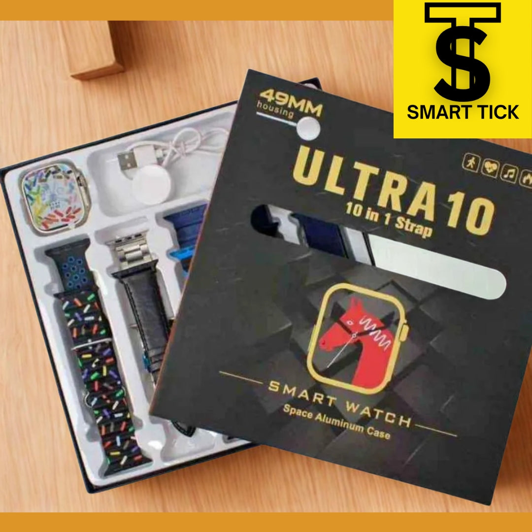 Ultra Smart Watch  10 in 1 Straps + Jelly Case  Super HD Display  BT Calling  Wireless Charging ( Multi Color Straps)